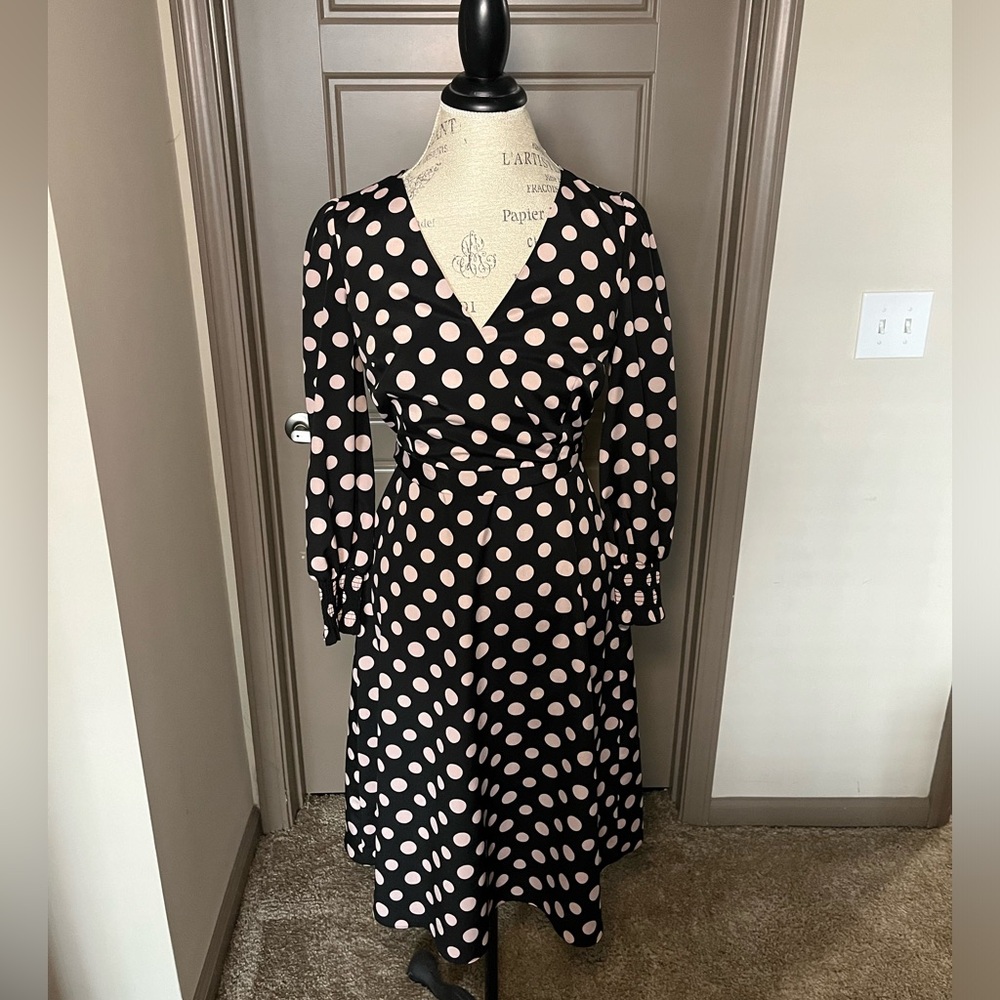 1901 - Size 4 - Long Sleeve Black Dress with Pink Polka Dots
